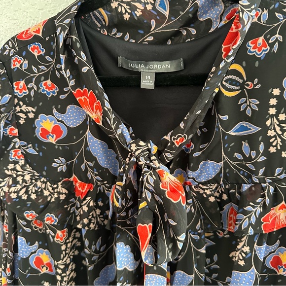 Romantic Floral Tie Neck Dress Black Sheer Sleeve Ruffle Boho - Size 14 - Picture 4 of 13